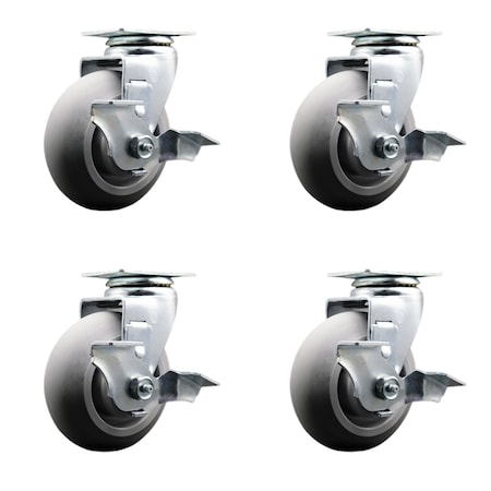 5 Inch Thermoplastic Rubber Swivel Caster Set With Roller Bearings And Brakes